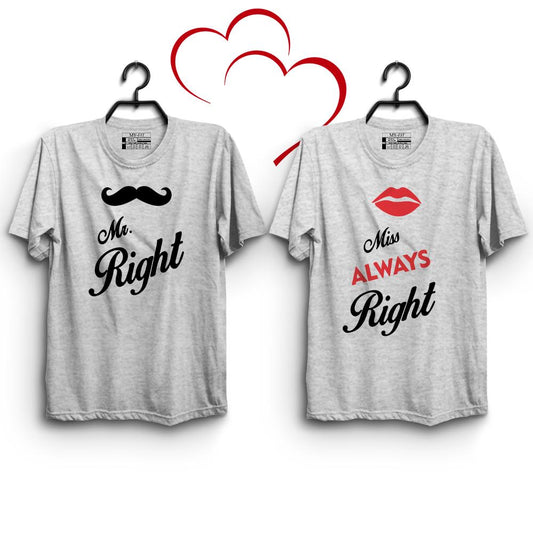 Mr Right Moustache & Mrs Always Right Lips Couple T-Shirts