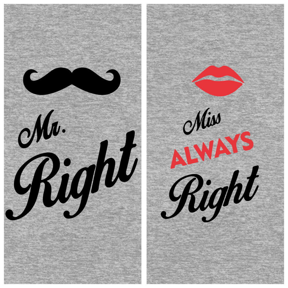 Mr Right Moustache & Mrs Always Right Lips Couple T-Shirts